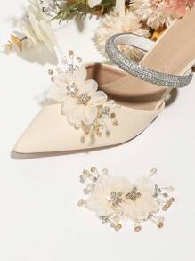 1對手工編織網狀銅線螺旋鑲嵌鉆石和珍珠裝飾可拆卸鞋夾,適用於女性鞋子裝飾 - 米色 - 查看 1