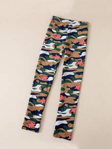 1雙男女童卡通星星迷彩印花厚絨九分褲,秋冬季日常穿著或作為禮物的理想選擇