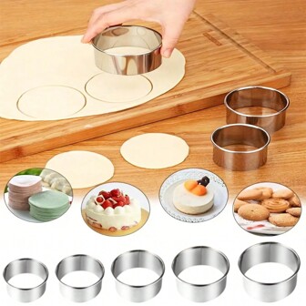 1pc Stainless Steel Round Cake Rings Biscuit Molds DIY Pastry Dumpling Skin Cutting Tools Fondant Pie Press Kitchen Gadgets Geometric Flower Shaped Chocolate Candy Decorating Molds Essential Baking Accessories for Home Kitchen