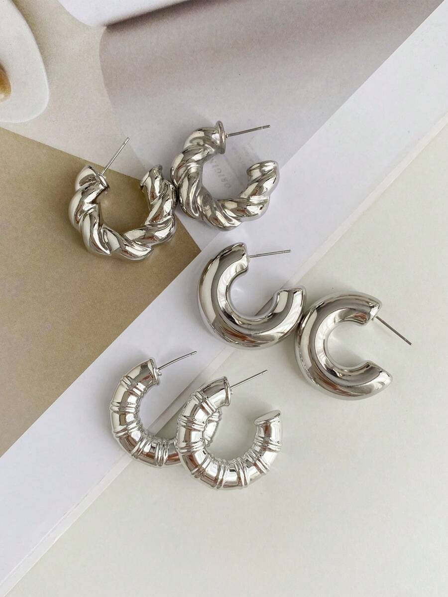 Một bộ Của 3 Của Phổ biến nhất Đơn giản Hoa tai hình học Mạ điện Màu bạc Cá nhân hóa Linh hoạt Bộ bông tai - Bạc - Xem 1