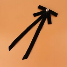 黑色絨布長條蝴蝶結胸針，休閒鑽石裝飾女士衣領配飾，適用於日常穿著 - 黑色 - 查看 2