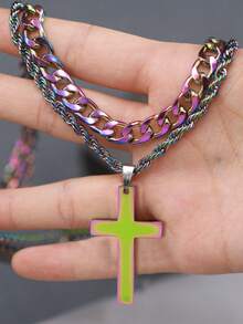 1pc Twisted Dual-layer Stainless Steel Cross Pendant Necklace For Men - 双层 - View 2