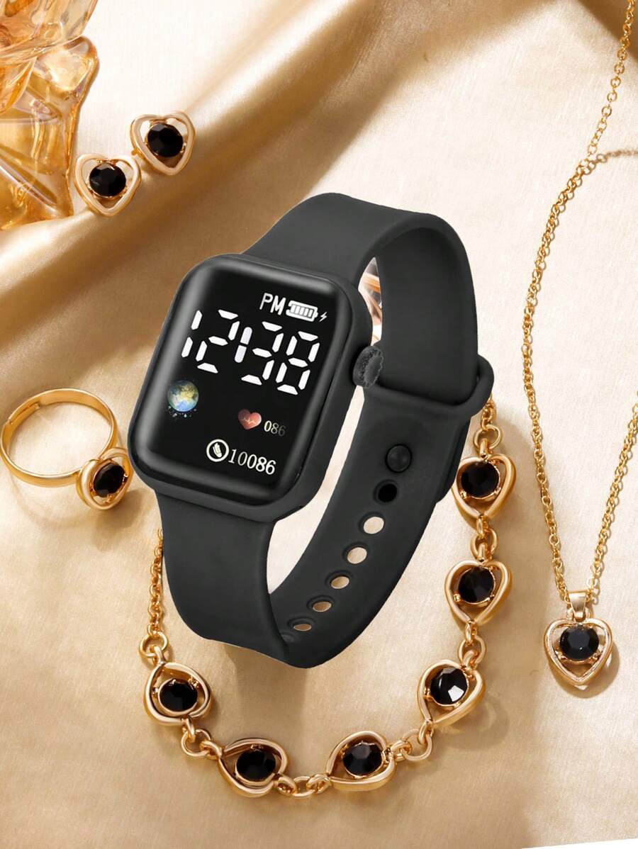 Conjunto de 6 piezas de reloj digital cuadrado de pantalla digital y pulsera, collar, aretes y anillo de corazón de amor - Negro - Ver 1
