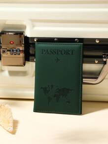 1pc Travel Map Pattern Letter Trimmed Frosted Surface Pu Material Passport Holder Passport Cover Passport Case Passport Wallet Passport Bag Passport Pouch For Flight For Back To School For Men And Women Travel Essentials Travel Accessories Vacation Accessories For Holiday Season - Green - View 3