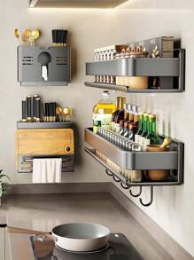 1 件香料架收納架壁掛式、懸掛式灰色香料收納架、農舍調味品收納架、廚房收納架、靈活浴室收納架、家庭廚房配件、烹飪工具