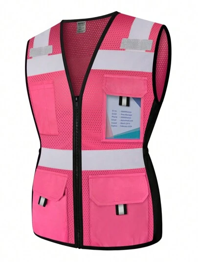 TCCFCCT 1 st. reflexväst med hög synlighet, 9 fickor och reflexränder, rosa, för bygg-/lager-/vägarbeten