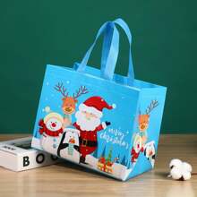 1個聖誕印花無紡布可重複使用手提袋,帶有可愛的卡通聖誕老人圖案,非常適合兒童聖誕禮物 - 淺藍色 - 查看 1