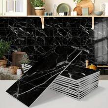 16pcs Marble Pattern Wall Sticker, Thickened Crystal Ceramic Tile Decals For Decorating Kitchen, Bathroom, Waterproof And Self-Adhesive Home Decor - Black - View 1