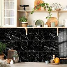 16pcs Marble Pattern Wall Sticker, Thickened Crystal Ceramic Tile Decals For Decorating Kitchen, Bathroom, Waterproof And Self-Adhesive Home Decor - Black - View 4
