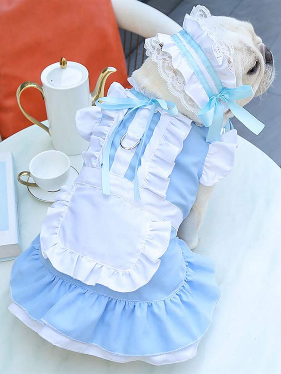 女僕服親子狗狗和貓咪服裝,寵物服飾適用於春夏季,帶有牽繩可遛狗 - 藍色 - 查看 1