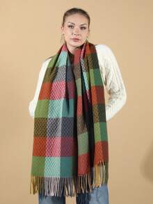 1入女士多色格紋流蘇人造羊絨保暖時尚大尺寸圍巾披肩,適用於日常佩戴 - 彩色 - 查看 2