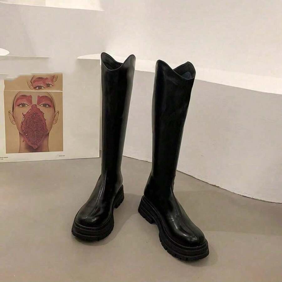 新款女式秋冬時尚中筒靴，舒適平底V剪裁後拉鍊過膝靴 - 黑色 - 查看 1