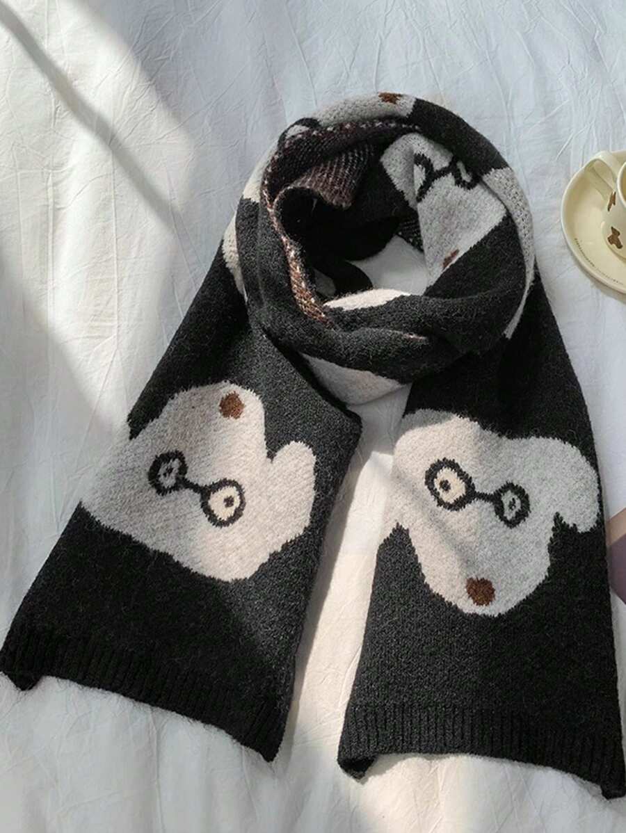 1條可愛狗狗造型編織短款女圍巾,冬季學生防寒保暖圍巾,中性情侶頸部保暖 - 黑色 - 查看 1