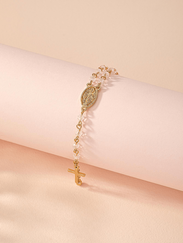 1 Pulsera Hermosa De Cuentas De Vidrio Con Cruz