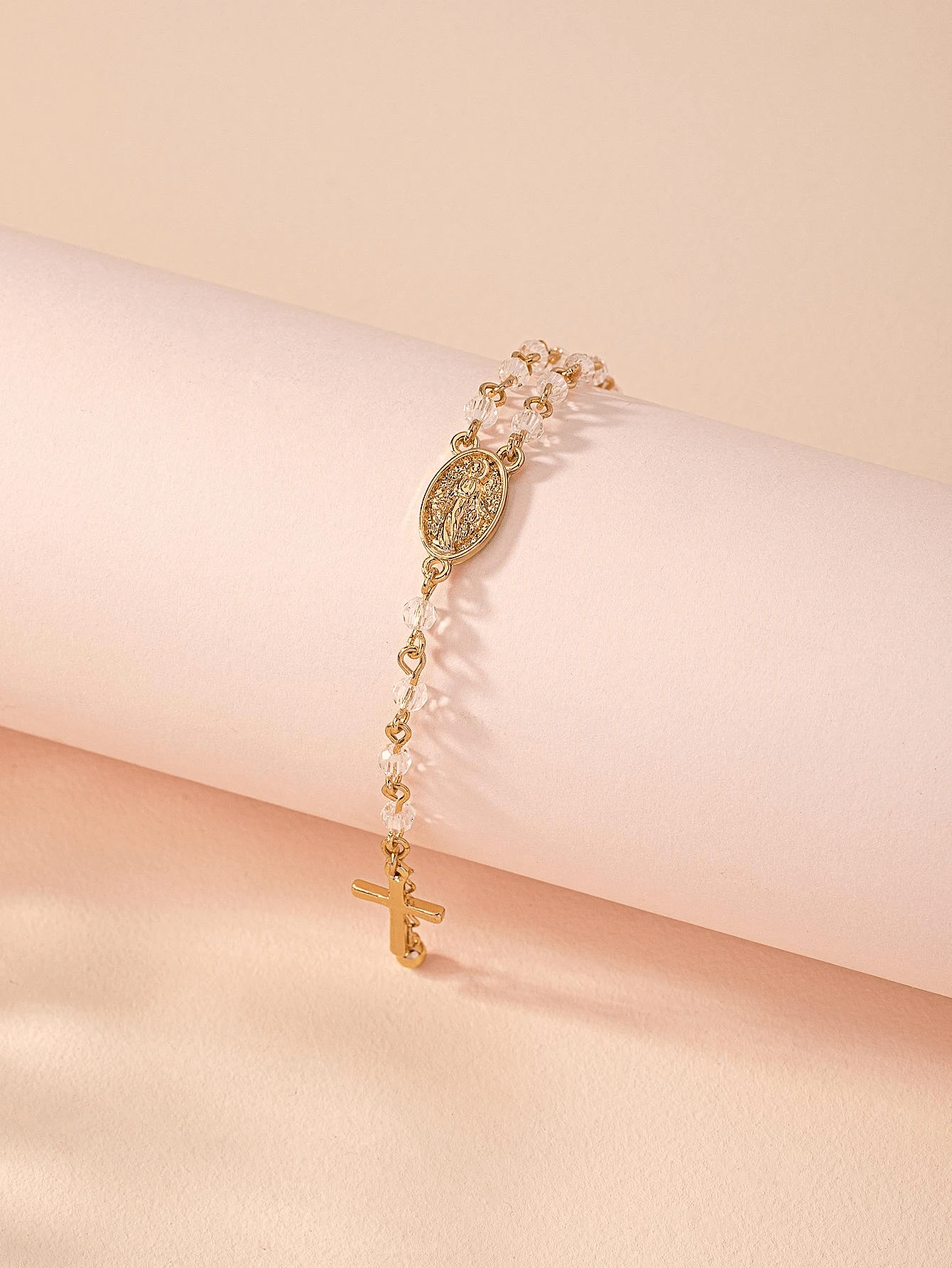 1pc Beautiful Cross Glass Beaded Bracelet - Yellow Gold - View 1