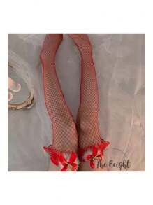 1 pièce Bas résille sexy haute cuisse à nœud papillon rouge et clochette mignonne, décoration et accessoire de costume pour fête de Noël [légère variation de couleur, veuillez vous référer au produit réel]