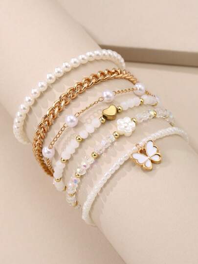 6pcs Girls' Pearl, Rice Bead, Heart & Butterfly Beaded Bracelets For Daily Decoration