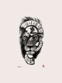 1 Hoja Tatuaje Temporal Con Patrón De Reloj Y Números Romanos Y León, Apto Para Brazos Y Piernas De Hombres Y Mujeres Adultos - Negro - Ver 4