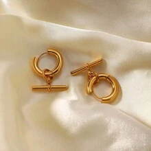 1 件 18K 镀金不锈钢几何 T 形吊坠项链和可拆卸环形耳环，简约风格，适合日常佩戴 - 金黃色 - 查看 6