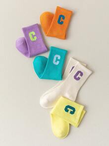 5pairs Candy-colored Girls' Sporty C Letter High Elasticity Mid-calf Socks With Breathable Design For All Seasons, Suitable For Students' Daily Wear And Matching With Sporty And Casual Shoes, Minimalist Style - Multicolor - View 3