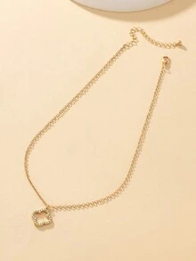 1pc Gemstone Inlaid Metal Hollow Flower Necklace With Geometric Clover Shape Pendant - Multicolor - View 4