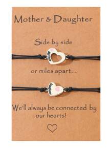 Goodwaro 2pcs Creative Polished Pink Drip Heart Shape Pendant Bracelet Set, Engraved Mother & Daughter Design, Handmade Braided Bangle, Matching Card And Package, Suitable For Christmas, Thanksgiving & New Year's Gift - Black - View 12