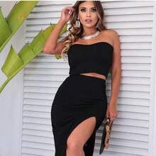 Conjunto Saia Midi Fenda Lateral E Cropped Top Tomara que Caia Feminino - Preto - Visão 3