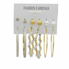 12pcs/set Fashionable Hoop Earrings Set With Large Circle , Pearl Around & Silver Sticker Design For Women's Party - Style1 - View 2