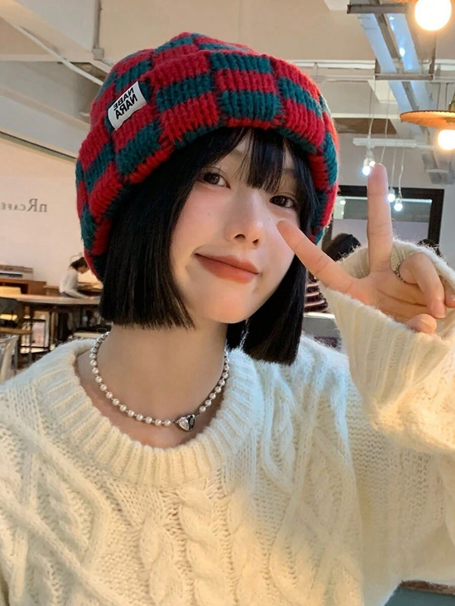 1 Miếng Của phụ nữ Dệt kim Dày Mũ Với Kẻ sọc & Chặn màu Thiết kế , Đúng mốt & Giải trí & Linh hoạt Đối với Mùa thu đông Và Mặc hàng ngày - Đỏ - Xem 1