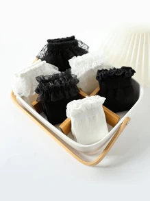 女童a款黑色花邊公主蕾絲中筒襪 - 黑色 - 查看 5