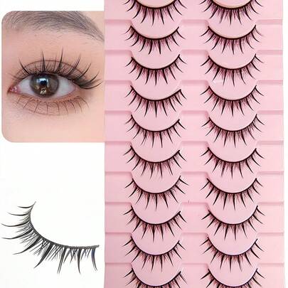Asiteo 10对自然卡通风格3D仿貂毛假睫毛，柔软卷翘逼真睫毛嫁接，假睫毛