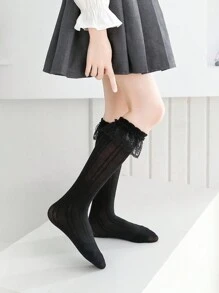 女童a款黑色花邊公主蕾絲中筒襪 - 黑色 - 查看 7