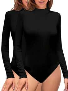 女士长袖半高领保暖羊绒紧身衣，柔软有弹性的运动上衣，经典紧身衣瑜伽服塑身衣 - 黑色 - 查看 1