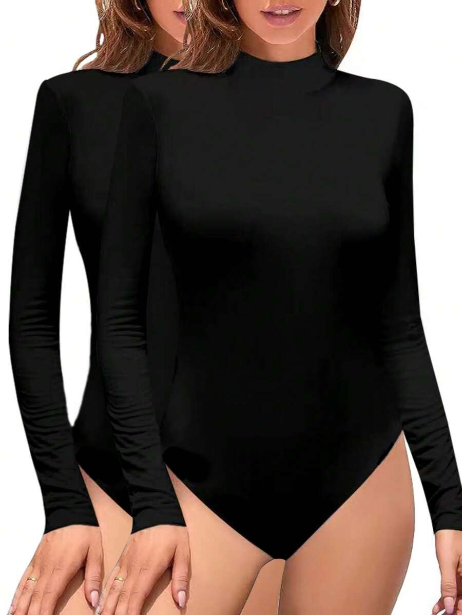 女士长袖半高领保暖羊绒紧身衣，柔软有弹性的运动上衣，经典紧身衣瑜伽服塑身衣 - 黑色 - 查看 1