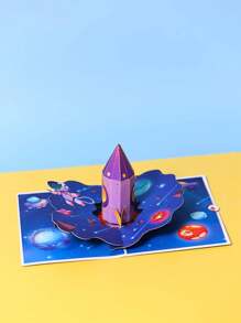 1pc Rocket Pop Up Greeting Card With Envelope, Birthday Greeting Card, Space Adventure Theme Greeting Card, Birthday Card For Kids, Rocket Pattern Greeting Card - Multicolor - View 2