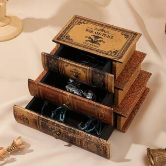 1pc Three-Tier Book-Shaped PU Wooden Storage Box, Unique Jewelry Box, American Retro Classic Book Design Home Decor Ornaments For Study/Bedroom
