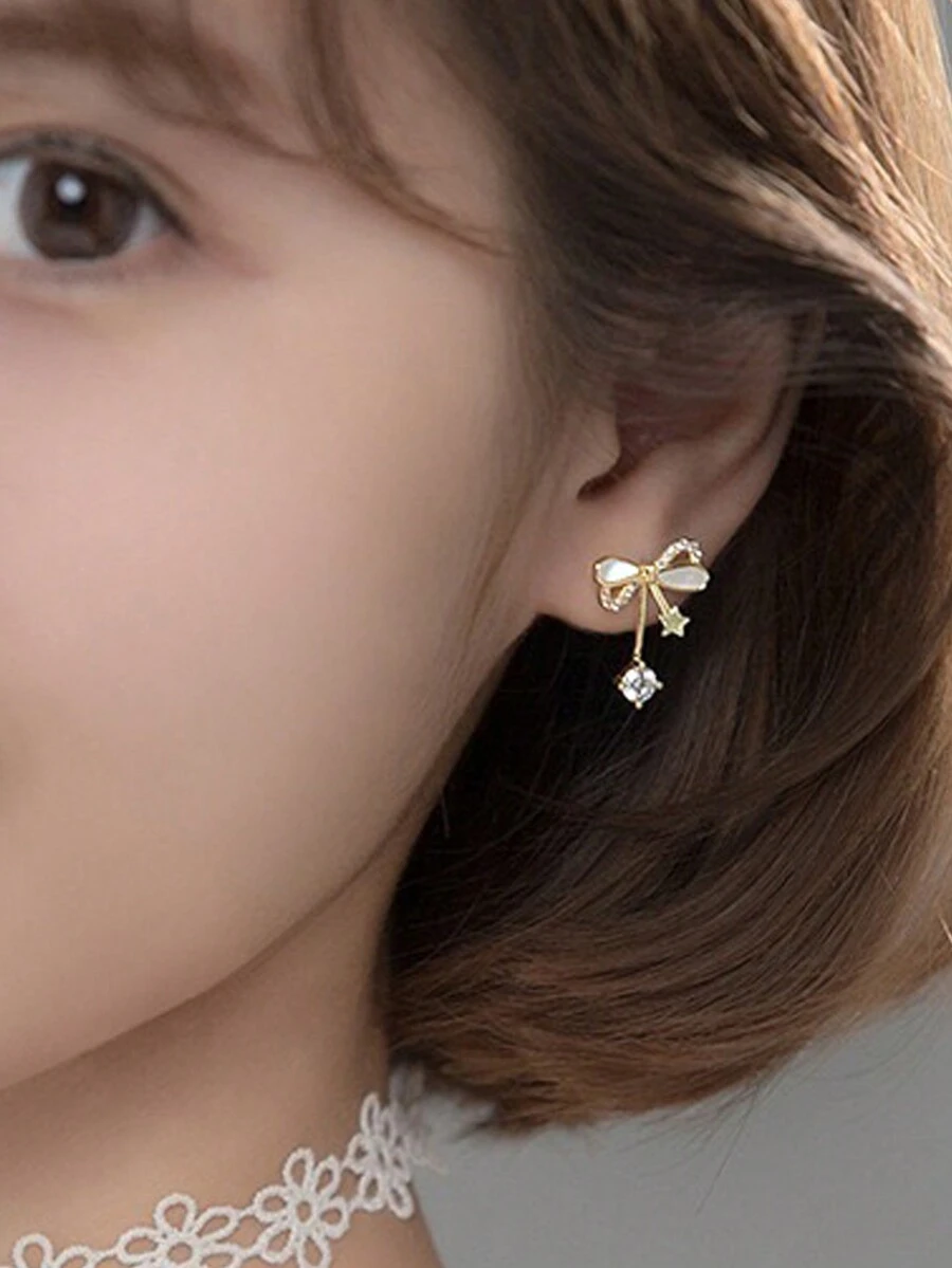 1pair Gold Bow & Diamond & Shell Design Sweet And Versatile Lady Earrings Accessory, Luxurious Elegant - Gold - View 1