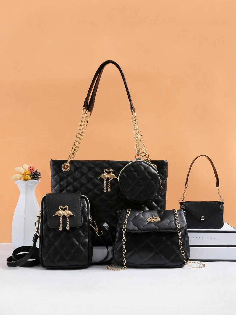 Women's Combination Bag Set - Shoulder, Crossbody, Handbag, Tote Bag! Unique Rhombus Pattern, Durable Material With Large Capacity And Elegant Design, Fashionable Cross-Border Favorite, Easy To Look Stylish. - Black - View 1