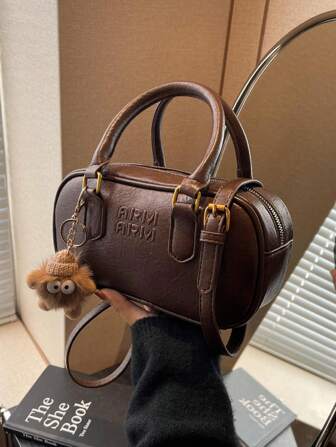 Vintage &Retro Bag 1pc Coffee Brown Shoulder Bag With Doll Accessory, Large Capacity Soft Leather Boston Tote Bag For Women, Four Season Commuter Handbag, Fall & Winter New Arrivals, Japanese Bag, Vintage Bag For Women