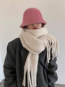 1pc Ladies' Thick Solid Color Polyester Fiber Material Fringed Scarf In Beige - Beige - View 1