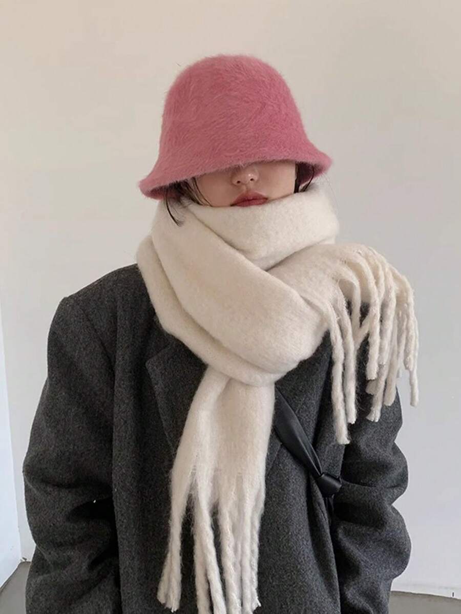 1pc Ladies' Thick Solid Color Polyester Fiber Material Fringed Scarf In Beige - Beige - View 1