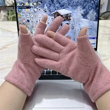女士冬季羊毛結合內裡加厚絨面觸手可及保暖手套,戶外防風編織手套 - 粉色 - 查看 2