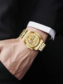 VA VA VOOM 1 件男士手表时尚不锈钢镂空表盘休闲运动风格夜灯男士时钟金色和黑色和银色原装石英机芯水钻奢华腕表