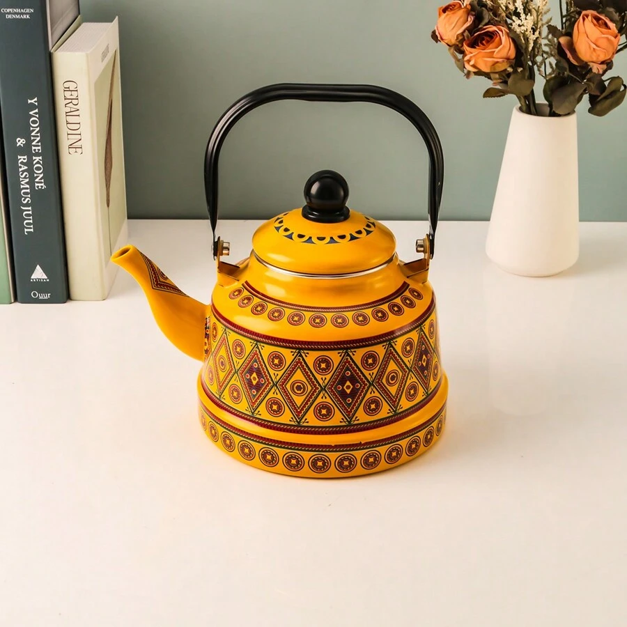 1pc Thickened Enamel Water Kettle, Cold/hot Tea Pot With Enamel Print, Suitable For All Seasons In Kitchen/living Room, 3 Sizes Available - Yellow Memory Flower - View 1