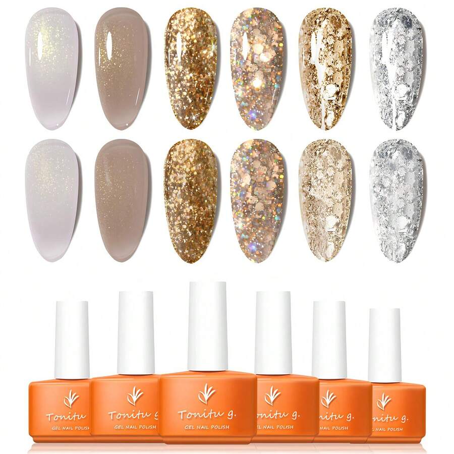 Tonitu g. 凝胶指甲油 6 件套，7ml 彩虹白、裸色闪光、金色和银色闪光凝胶美甲套装，半永久性清漆，持久，易于涂抹，美甲，日常紫外线/LED，适合初学者到沙龙美甲和家庭美甲 DIY，冬季圣诞指甲 - 彩色 - 查看 1