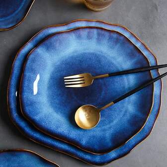 1/2/4 piezas Plato de cerámica japonesa de color azul con forma de ojo de gato, plato plano, vajilla asimétrica, plato para exhibir bistec