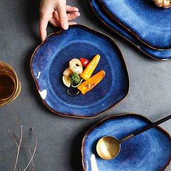 1/2/4pcs Cat Eye Blue Color NEW Japanese Ceramic Food Dish Flat Plate Pottery Asymmetrical Dish Dinnerware Steak Display Dish