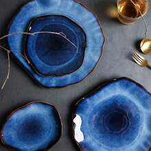1/2/4 piezas Plato plano irregular de cerámica japonesa, estilo de ojo de gato, en color azul, para servir comida, plato de exhibición de bistec