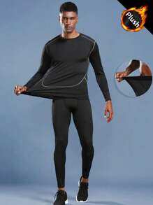 Men's Compression Suit Including Thermal Lined Tight-Fitting Long Sleeve T-Shirt And Breathable Tights Quick-Drying Two-Piece Set High Elasticity For Outdoor Running And Training, Athletic Suit, Tracksuit - Black - View 4