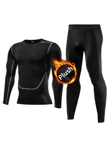 Men's Compression Suit Including Thermal Lined Tight-Fitting Long Sleeve T-Shirt And Breathable Tights Quick-Drying Two-Piece Set High Elasticity For Outdoor Running And Training, Athletic Suit, Tracksuit - Black - View 1